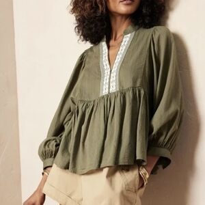 Banana Republic Flutter Long Sleeve Blouse Small Green Embroidered Boho Peasant